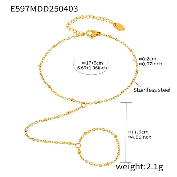 Women's Stainless Steel Geometric Beaded Finger Chain And Bracelet 18K Gold Plated Jewelry