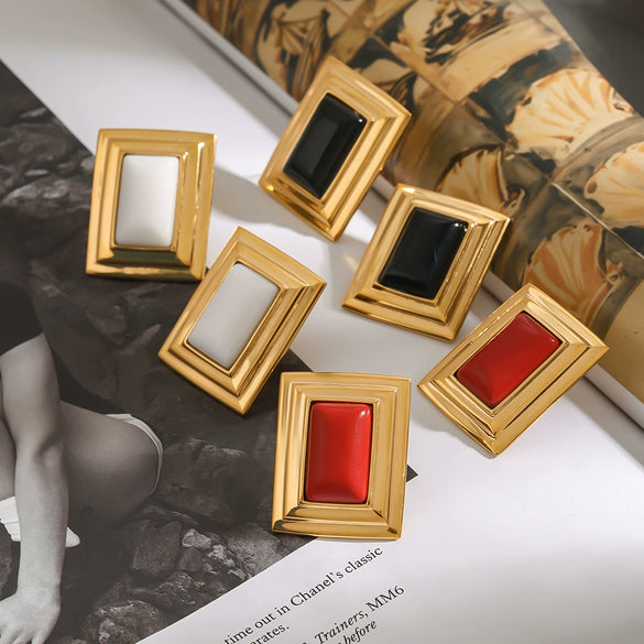 Women's Stainless Steel Geometric Black Agate Earrings With Original Design And Electroplating Treatment