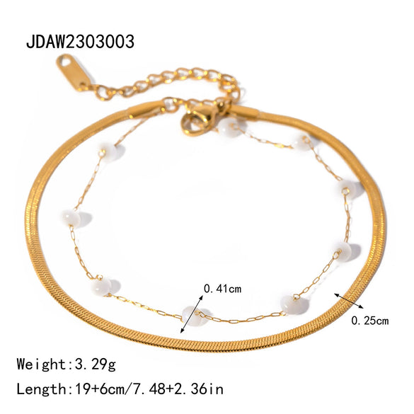 Women's Stainless Steel Geometric Blade Chain Snake Chain Millet Bead Chain Double Layer Anklet Jewelry