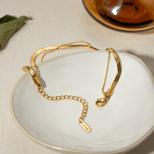 Women's Stainless Steel Geometric Blade Chain Snake Chain Millet Bead Chain Double Layer Anklet Jewelry