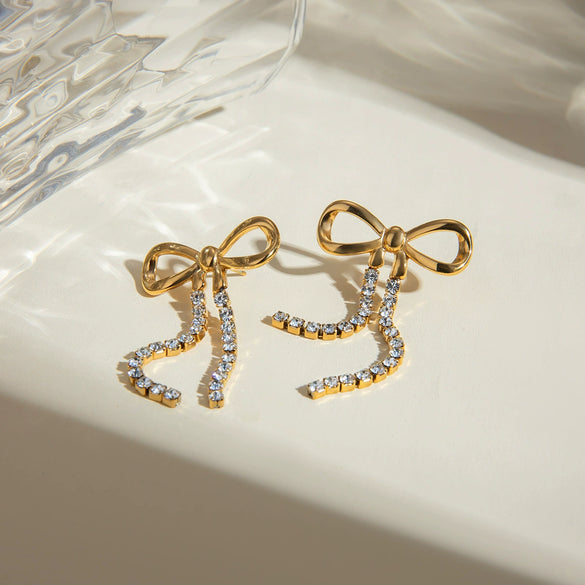 Women's Stainless Steel Geometric Bow Hanging Two Diamond Chain Earrings With Electroplating