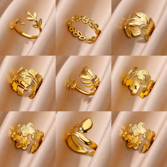 Women's Stainless Steel Geometric Butterfly Open Leaf Snake Retro Popular Ring With Electroplating