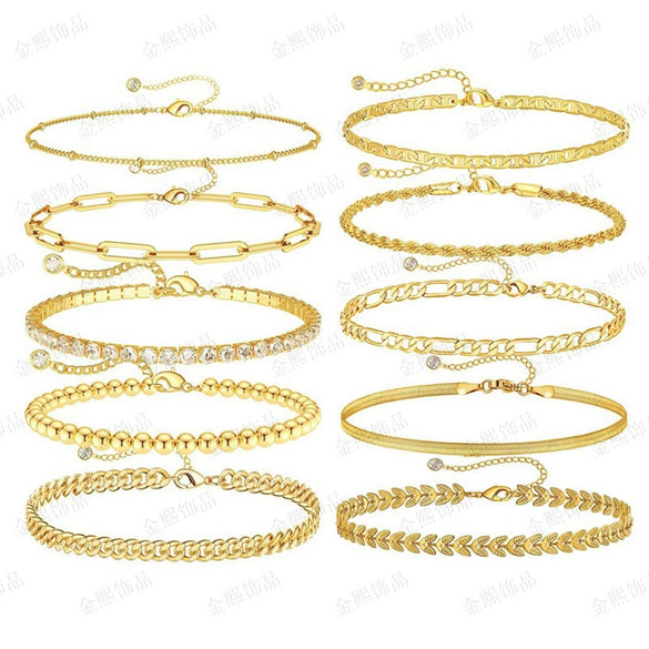 Women's Stainless Steel Geometric Chain Bracelet Set With Flat Snake Chain And Paperclip Chain Electroplated Simple Versatile Jewelry
