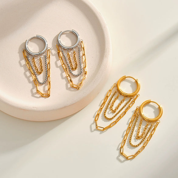 Women's Stainless Steel Geometric Chain Tassel Earrings With 18K Gold Vacuum Plating And Color Block Design