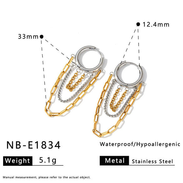 Women's Stainless Steel Geometric Chain Tassel Earrings With 18K Gold Vacuum Plating And Color Block Design