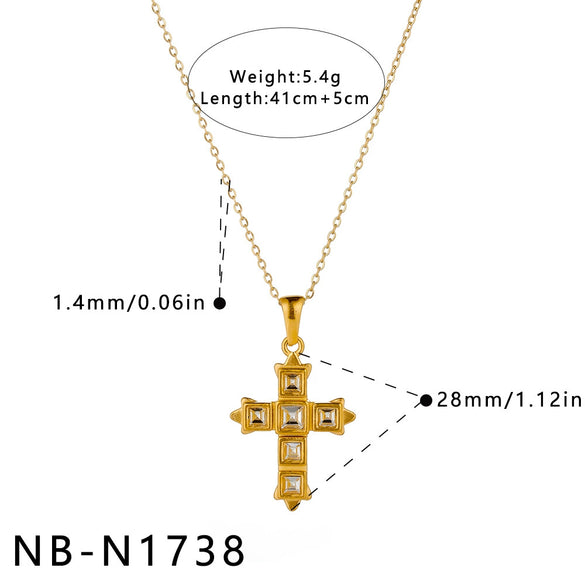 Women's Stainless Steel Geometric Cross Necklace With Zircon Design And 18K Gold Vacuum Plated Finish
