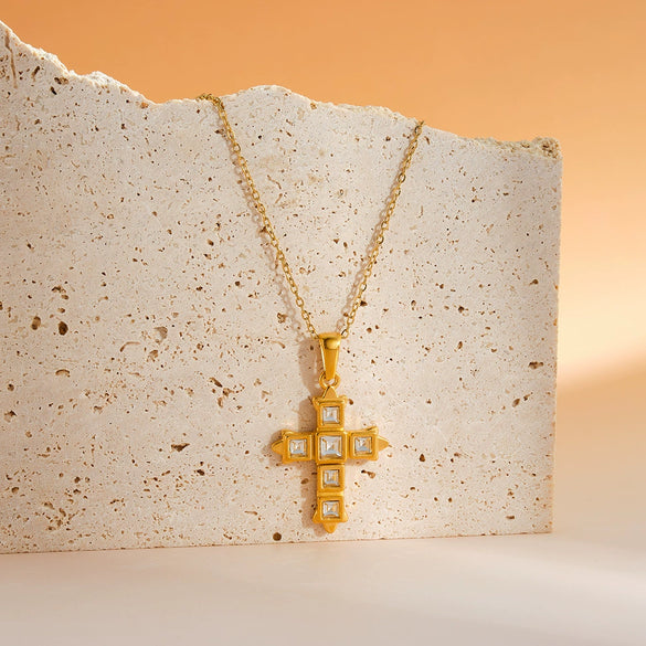 Women's Stainless Steel Geometric Cross Necklace With Zircon Design And 18K Gold Vacuum Plated Finish