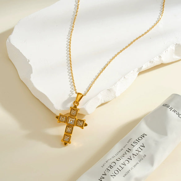 Women's Stainless Steel Geometric Cross Necklace With Zircon Design And 18K Gold Vacuum Plated Finish