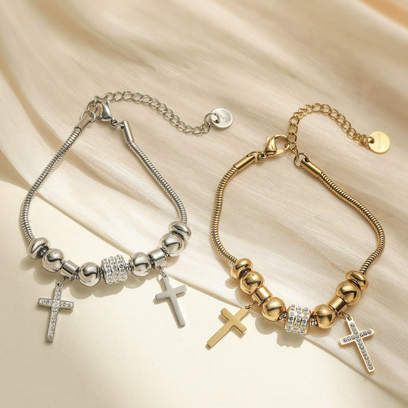 Women's Stainless Steel Geometric Cross Pendant Bracelet With 18K Gold Plated Electroplating And Zircon