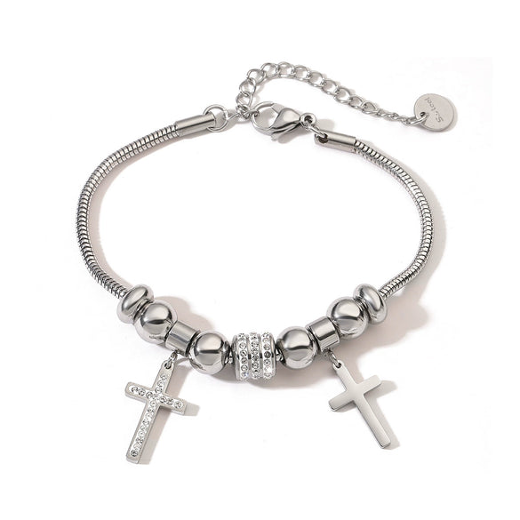 Women's Stainless Steel Geometric Cross Pendant Bracelet With 18K Gold Plated Electroplating And Zircon