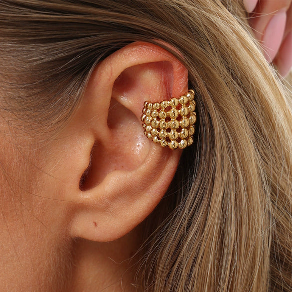 Women's Stainless Steel Geometric Cshaped Ear Cuff With Layered Round Bead Design And Plated Finish No Piercing Required