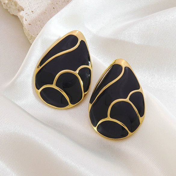 Women's Stainless Steel Geometric Drop Shape Earrings With Dripping Glaze Oil Drip Finish Minimalist Retro Water Drop Design