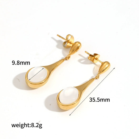 Women's Stainless Steel Geometric Dropshaped Cat's Eye Stone Earrings With 18K Gold Ball Pendant And Electroplating