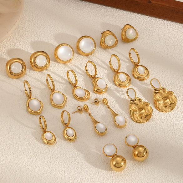Women's Stainless Steel Geometric Dropshaped Cat's Eye Stone Earrings With 18K Gold Ball Pendant And Electroplating