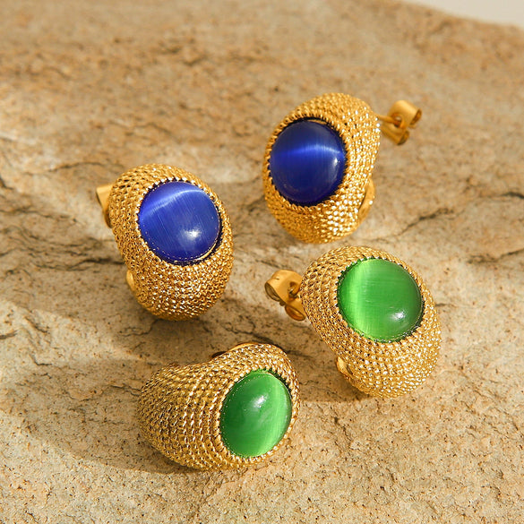 Women's Stainless Steel Geometric Dropshaped Electroplated Cat's Eye Stone Earrings