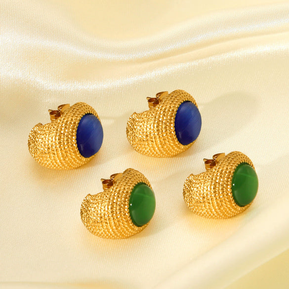 Women's Stainless Steel Geometric Dropshaped Electroplated Cat's Eye Stone Earrings