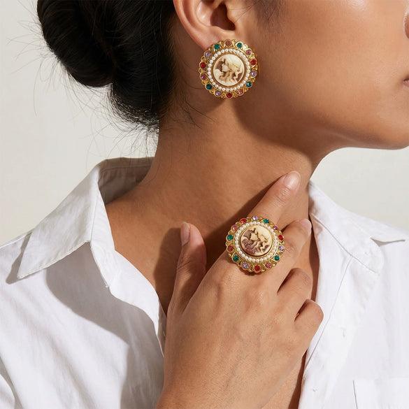 Women's Stainless Steel Geometric Earrings And Ring Set With Rhinestone And Pearl Accents 18K Vacuum Plated Fashion Jewelry