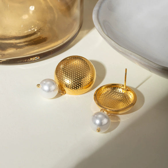 Women's Stainless Steel Geometric Electroplated Flower Round Pearl Earrings Jewelry