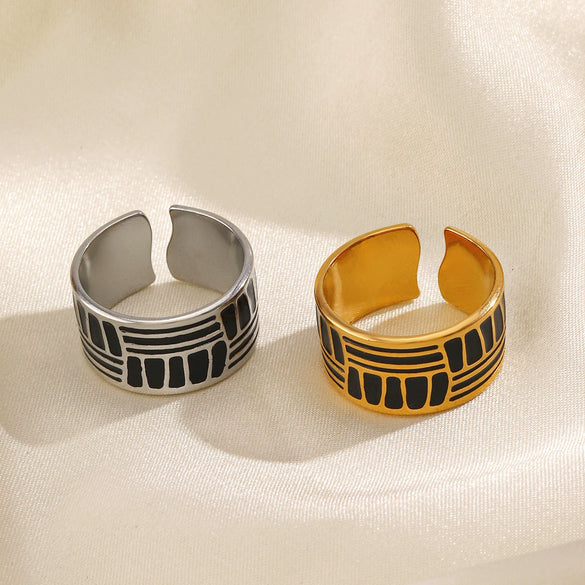 Women's Stainless Steel Geometric Exaggerated Wide Open Ring With Black Oil Dropping And 18K Gold Plated Electroplating