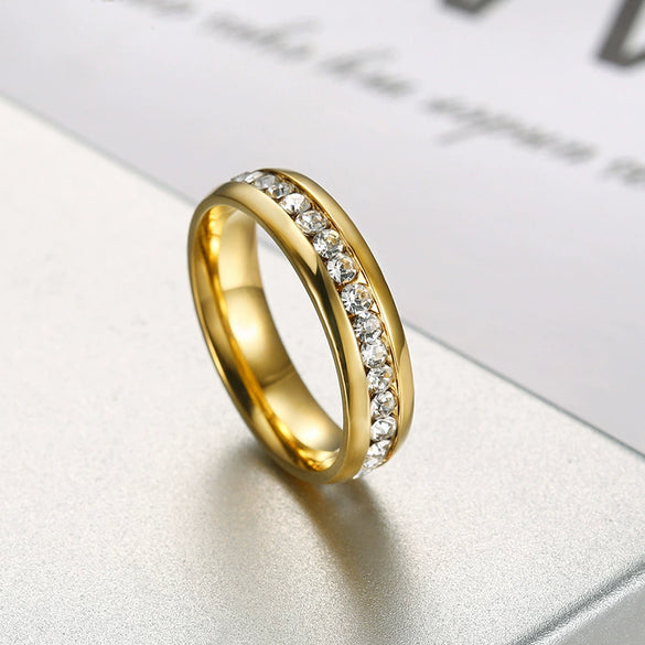 Women's Stainless Steel Geometric Finger Ring With Gold Tone Electroplated Finish And Diamond Encrusted Light Luxury Style
