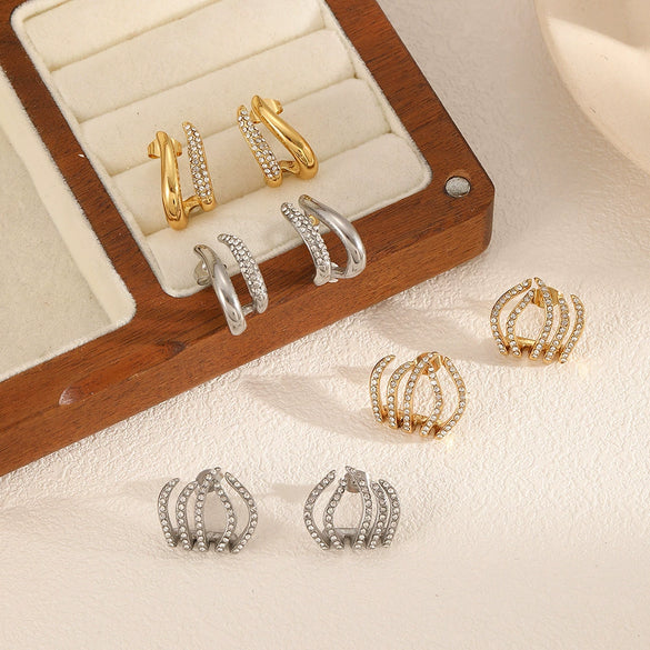 Women's Stainless Steel Geometric Fiveclaw Diamond Earrings Set With Diamonds