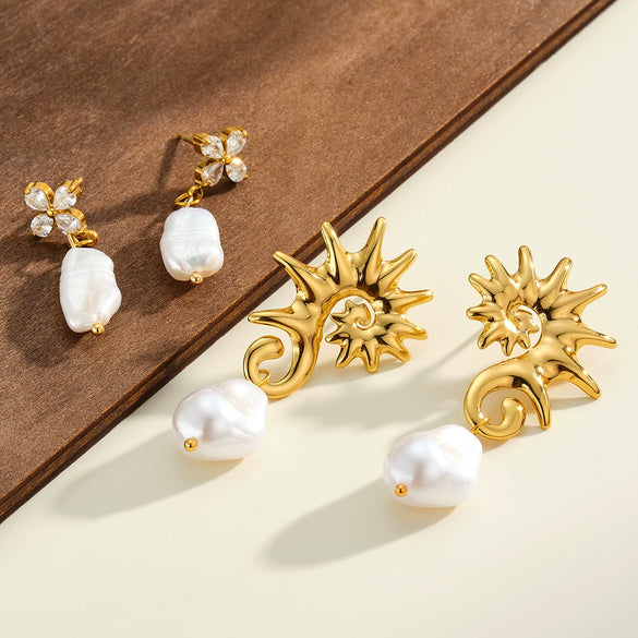Women's Stainless Steel Geometric Flower Earrings With Zircon And Pearl Gold Plated Light Luxury Fashion Jewelry