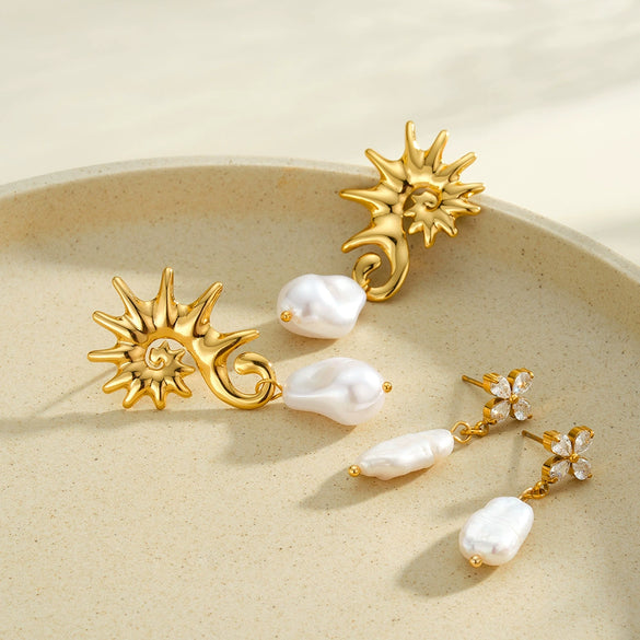 Women's Stainless Steel Geometric Flower Earrings With Zircon And Pearl Gold Plated Light Luxury Fashion Jewelry