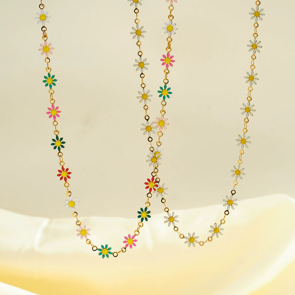 Women's Stainless Steel Geometric Flower Enamel Necklace With 18K Vacuum Plated Finish And Regular Chain