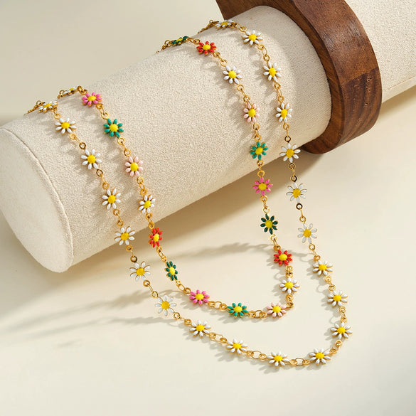 Women's Stainless Steel Geometric Flower Enamel Necklace With 18K Vacuum Plated Finish And Regular Chain