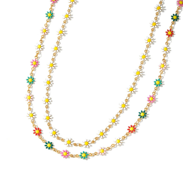Women's Stainless Steel Geometric Flower Enamel Necklace With 18K Vacuum Plated Finish And Regular Chain