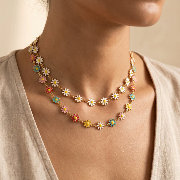 Women's Stainless Steel Geometric Flower Enamel Necklace With 18K Vacuum Plated Finish And Regular Chain