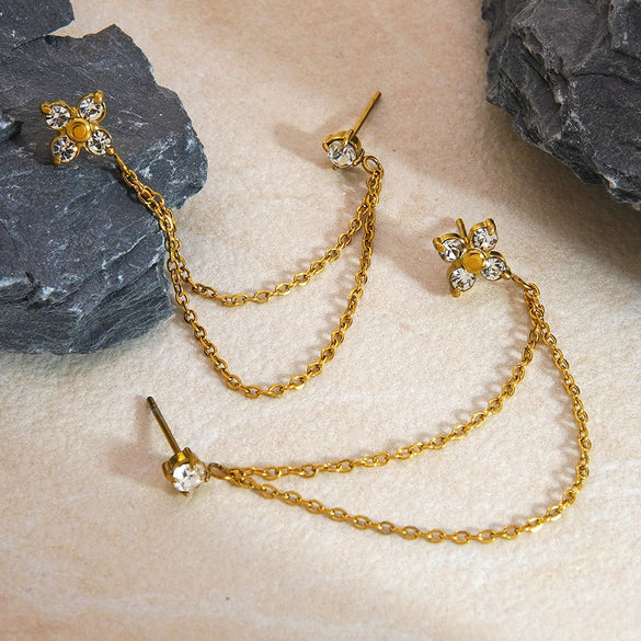Women's Stainless Steel Geometric Four Flower Zircon Tassel Stud Earrings With Electroplated Finish