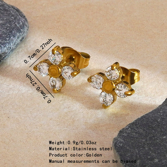 Women's Stainless Steel Geometric Four Flower Zircon Tassel Stud Earrings With Electroplated Finish