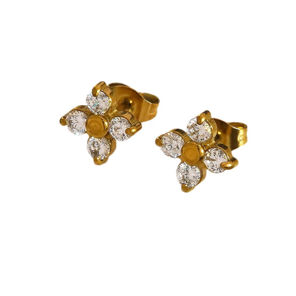 Women's Stainless Steel Geometric Four Flower Zircon Tassel Stud Earrings With Electroplated Finish
