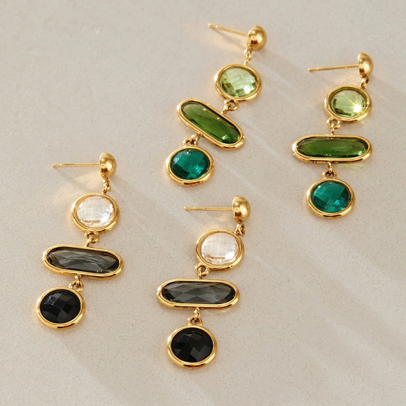 Women's Stainless Steel Geometric Gemstone And Glass Tassel Earrings With Plated Finish