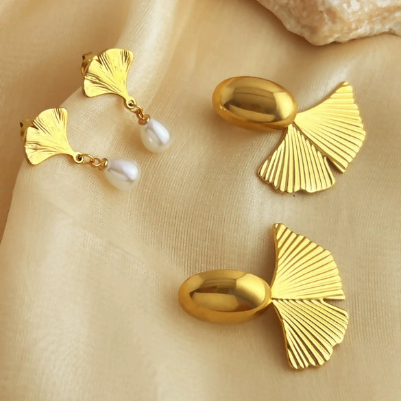 Women's Stainless Steel Geometric Ginkgo Leaf Fanshaped Cold Style Light Luxury Ear Studs