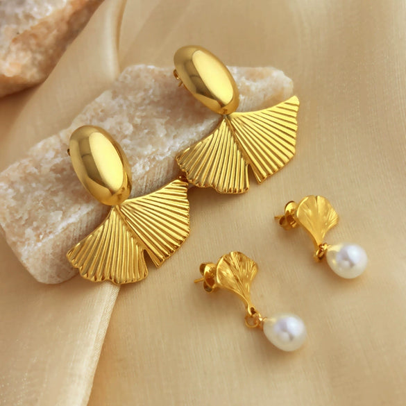 Women's Stainless Steel Geometric Ginkgo Leaf Fanshaped Cold Style Light Luxury Ear Studs