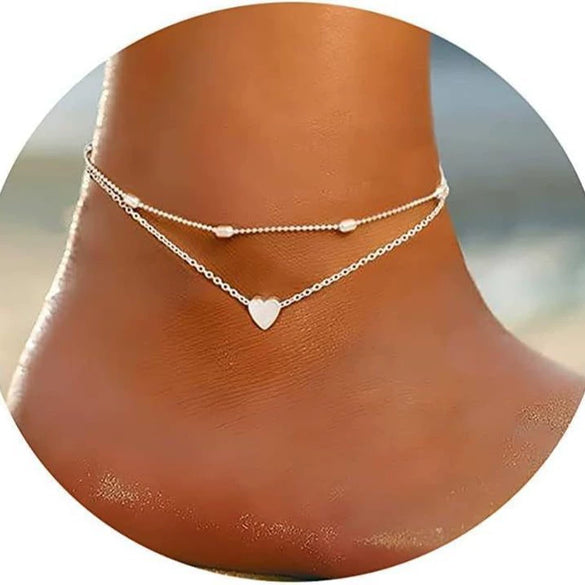 Women's Stainless Steel Geometric Heart Fishbone Snake Chain Fine Bead Paperclip Anklet Simple Fashion Foot Jewelry