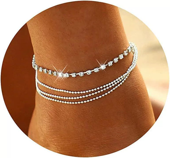 Women's Stainless Steel Geometric Heart Fishbone Snake Chain Fine Bead Paperclip Anklet Simple Fashion Foot Jewelry
