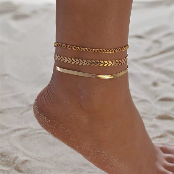 Women's Stainless Steel Geometric Heart Fishbone Snake Chain Fine Bead Paperclip Anklet Simple Fashion Foot Jewelry