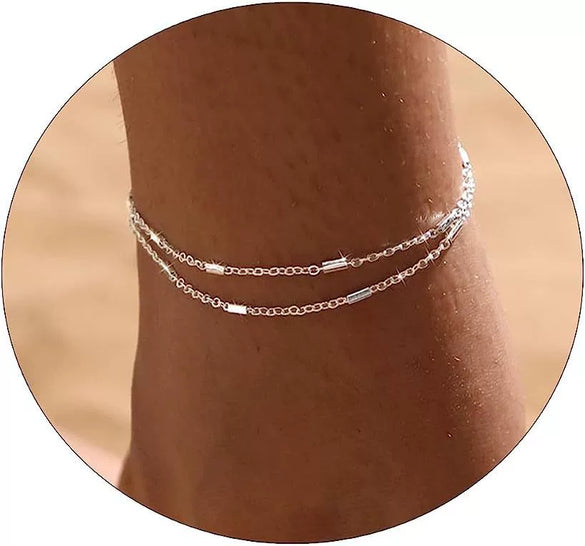 Women's Stainless Steel Geometric Heart Fishbone Snake Chain Fine Bead Paperclip Anklet Simple Fashion Foot Jewelry