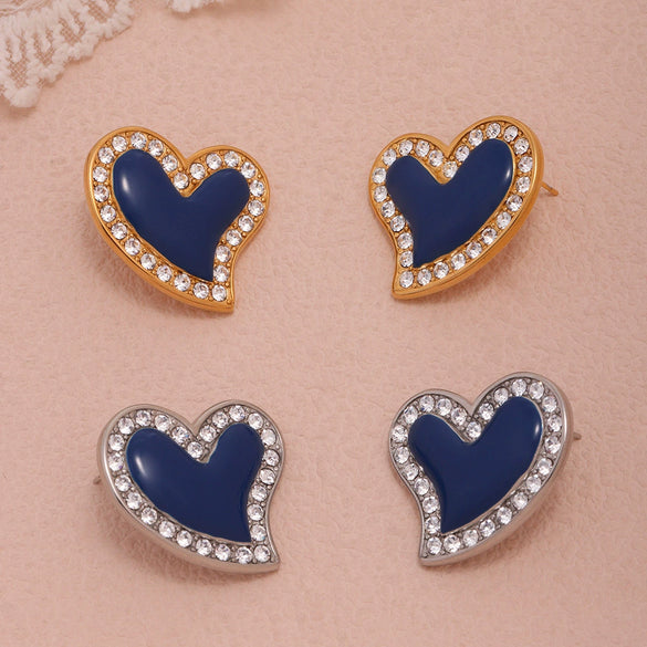 Women's 316L Stainless Steel Geometric Heart Shaped Electroplated Zircon Rhine Blue Diamond Earrings