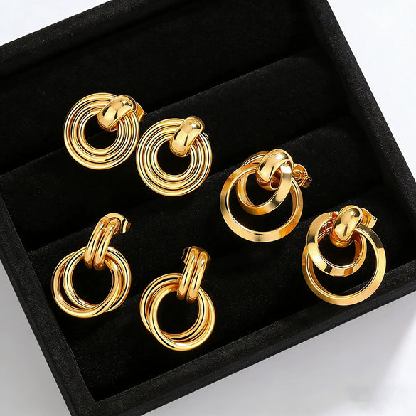 Women's Stainless Steel Geometric Interlocking Earrings Minimalist Retro Fashion Electroplated Light Luxury Jewelry