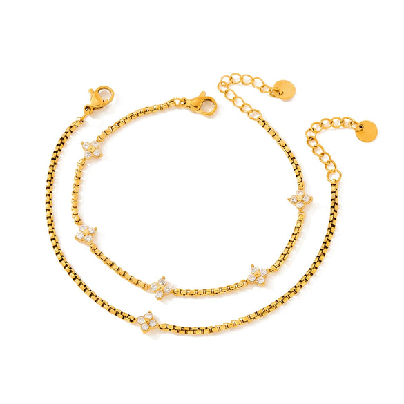 Women's Stainless Steel Geometric Jewelry Set With Rhinestone Flower Necklace And Bracelet Vacuum Electroplated Gold Finish
