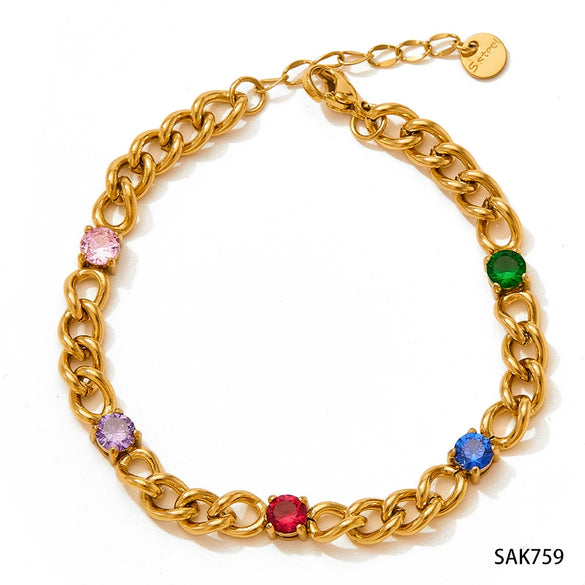 Women's Stainless Steel Geometric Light Luxury Bracelet Suit With Inlaid Colorful Zircon Electroplated