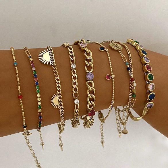 Women's Stainless Steel Geometric Light Luxury Bracelet Suit With Inlaid Colorful Zircon Electroplated