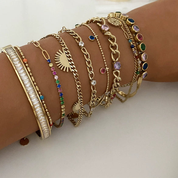 Women's Stainless Steel Geometric Light Luxury Bracelet Suit With Inlaid Colorful Zircon Electroplated