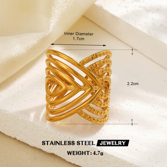 Women's Stainless Steel Geometric Line Ring With Electroplated Finish Irregular Hollow Open Statement Jewelry
