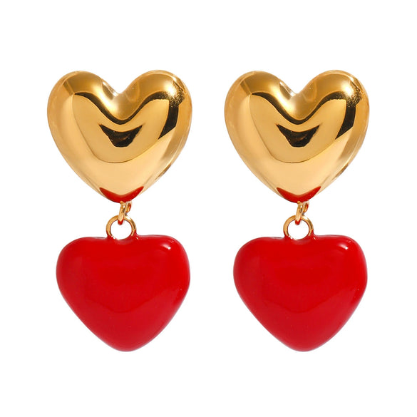 Women's Stainless Steel Geometric Love Pendant Earrings With Red Oil Drop Pattern Light Luxury Original Design Electroplated Jewelry