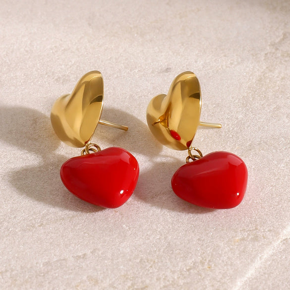 Women's Stainless Steel Geometric Love Pendant Earrings With Red Oil Drop Pattern Light Luxury Original Design Electroplated Jewelry